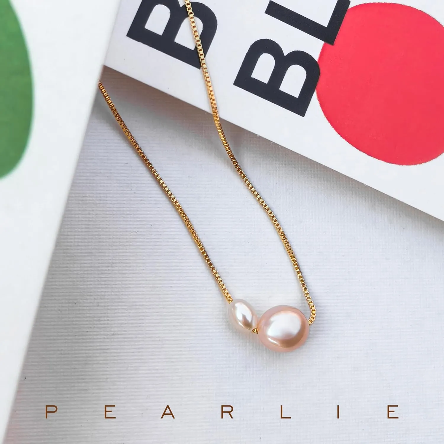 PEARLIE Pearl Necklace Pendant for Women, Double Pearls Adjustable Choker Necklace Handpicked Freshwater Cultured Pearl Gold Chain Necklace Wedding Jewelry