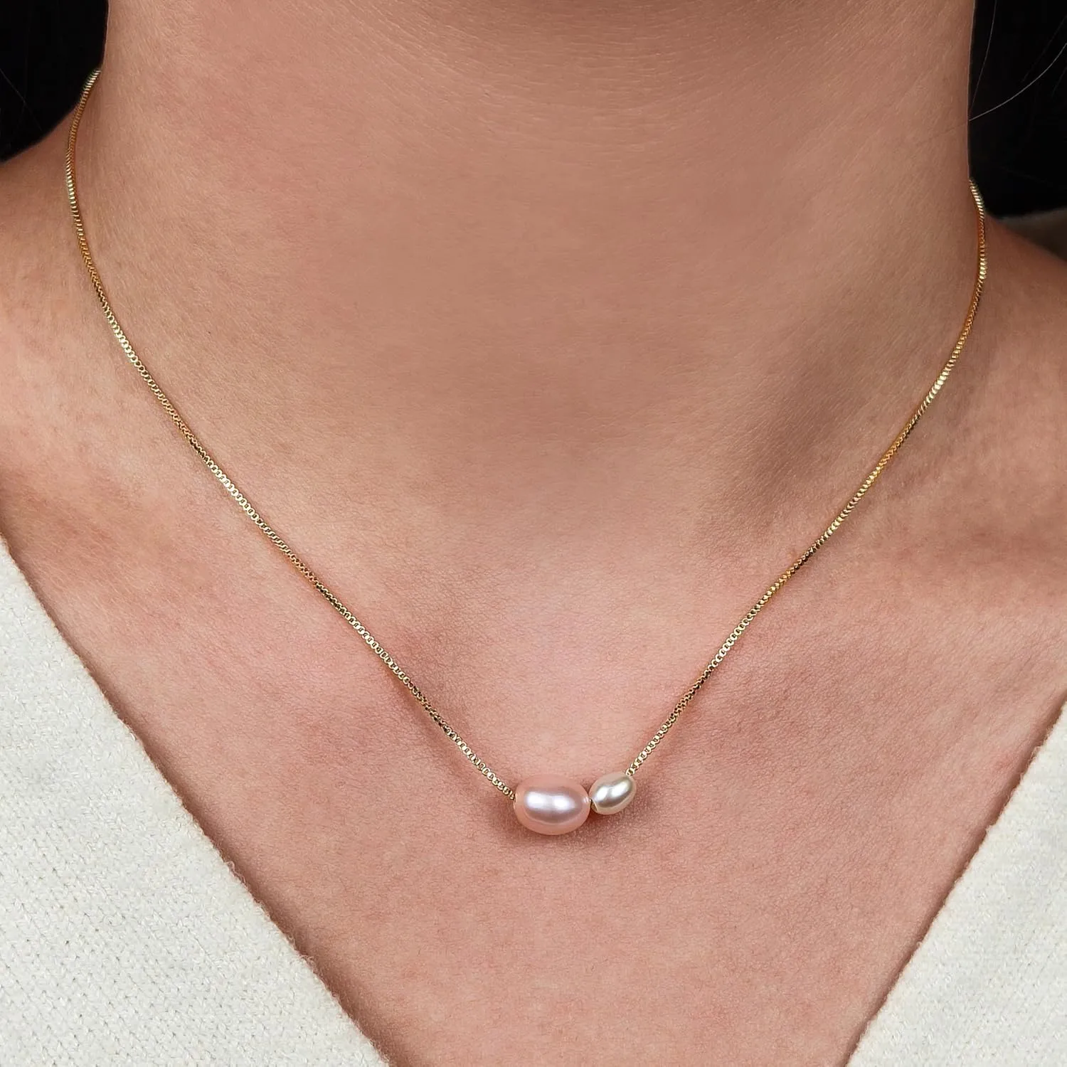 PEARLIE Pearl Necklace Pendant for Women, Double Pearls Adjustable Choker Necklace Handpicked Freshwater Cultured Pearl Gold Chain Necklace Wedding Jewelry