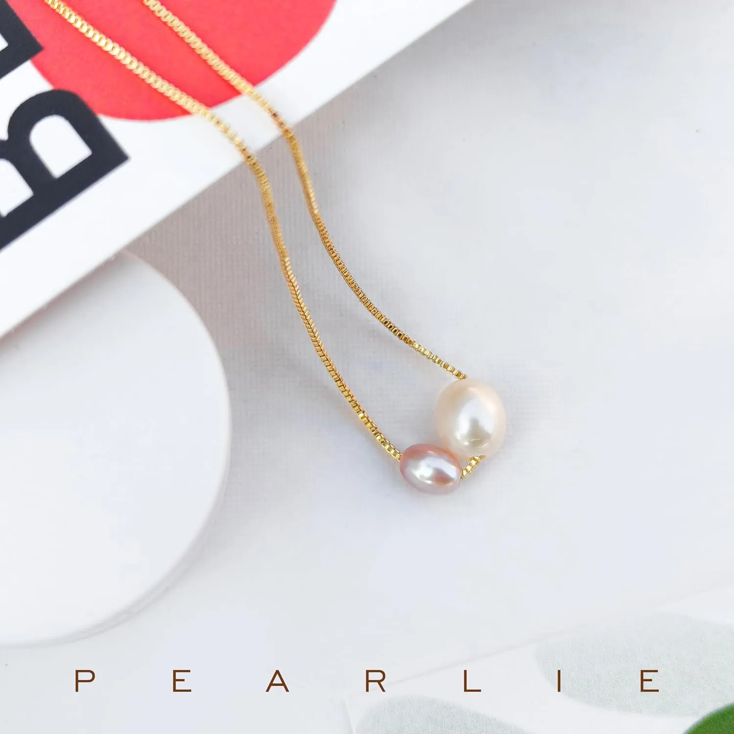 PEARLIE Pearl Necklace Pendant for Women, Double Pearls Adjustable Choker Necklace Handpicked Freshwater Cultured Pearl Gold Chain Necklace Wedding Jewelry