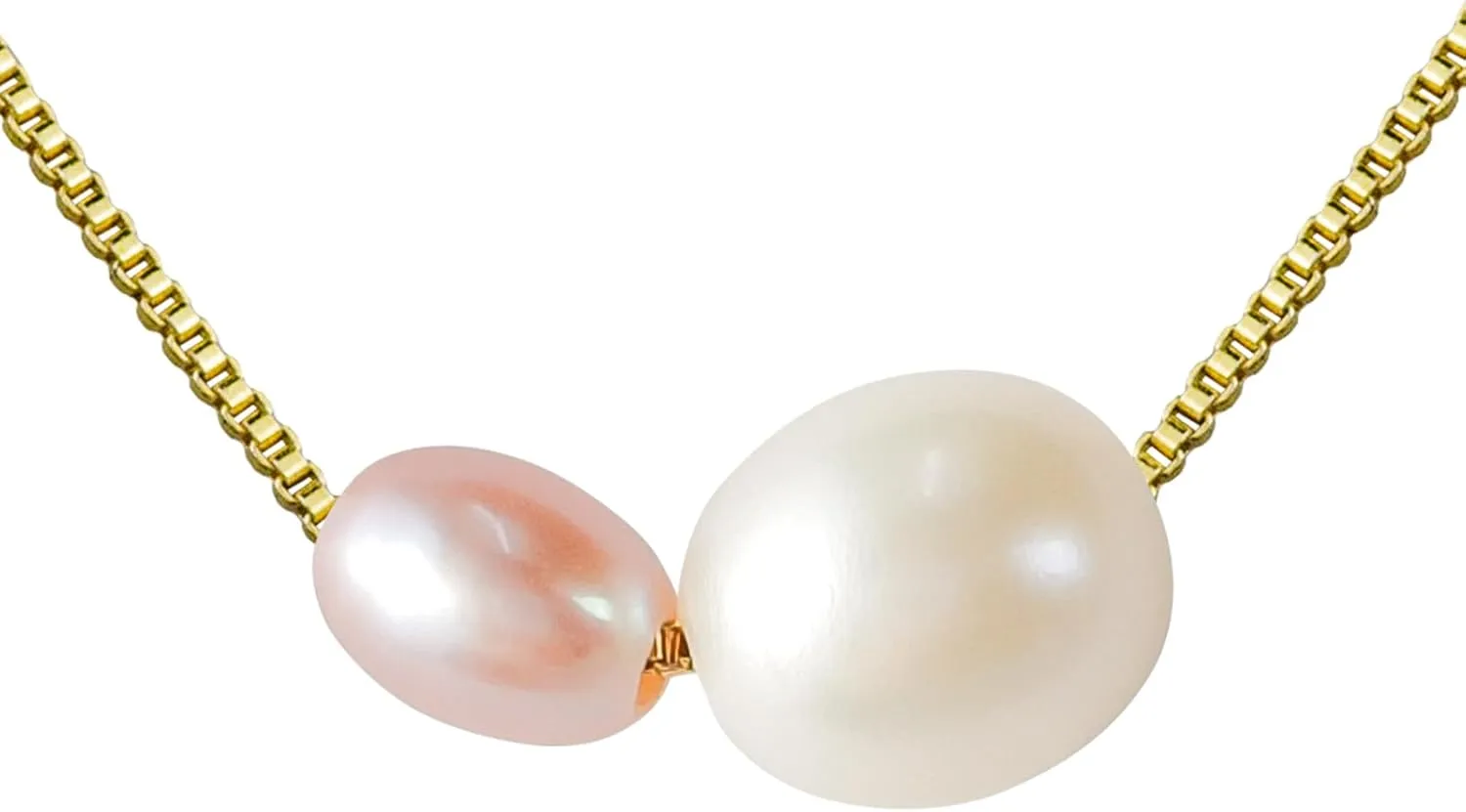 PEARLIE Pearl Necklace Pendant for Women, Double Pearls Adjustable Choker Necklace Handpicked Freshwater Cultured Pearl Gold Chain Necklace Wedding Jewelry