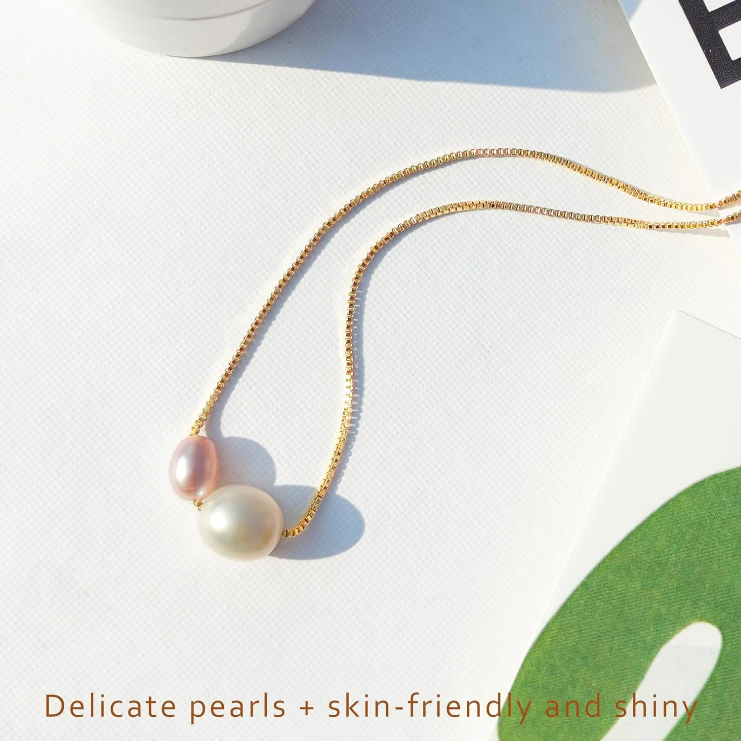 PEARLIE Pearl Necklace Pendant for Women, Double Pearls Adjustable Choker Necklace Handpicked Freshwater Cultured Pearl Gold Chain Necklace Wedding Jewelry