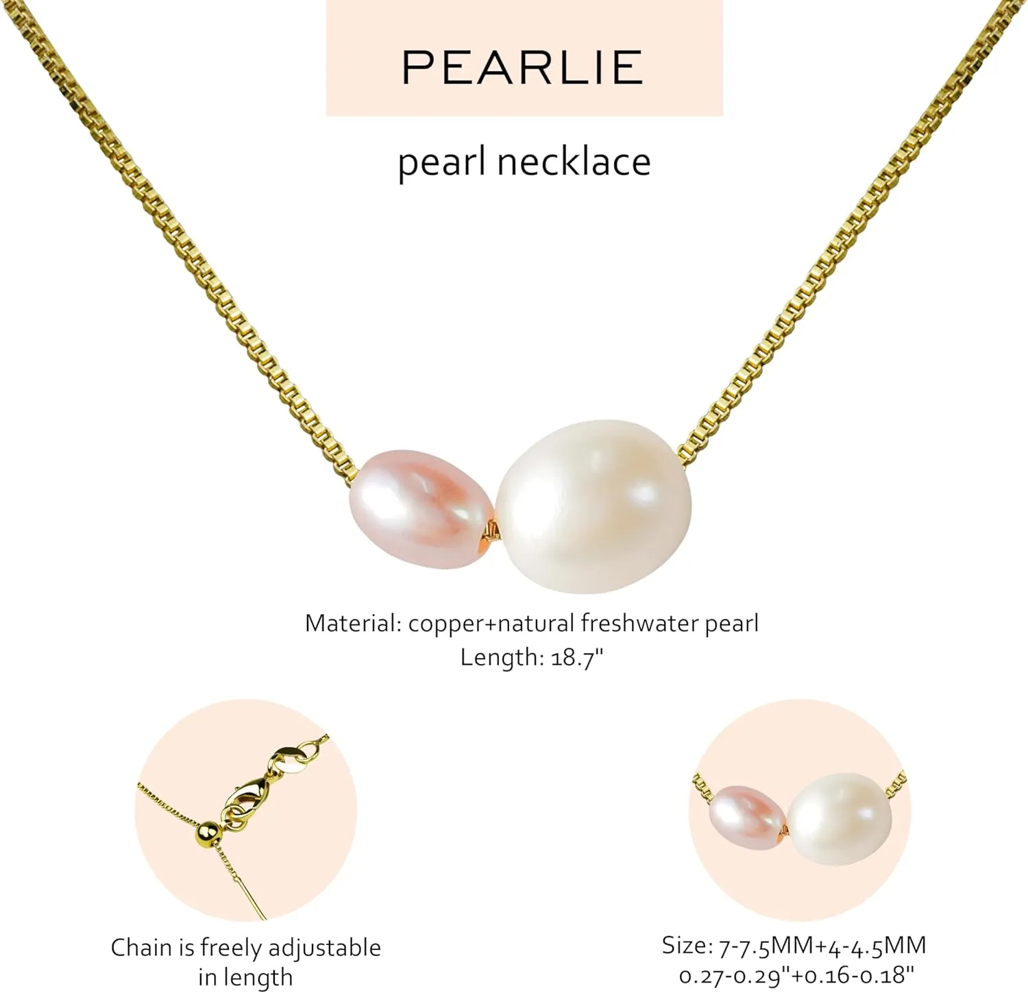 PEARLIE Pearl Necklace Pendant for Women, Double Pearls Adjustable Choker Necklace Handpicked Freshwater Cultured Pearl Gold Chain Necklace Wedding Jewelry