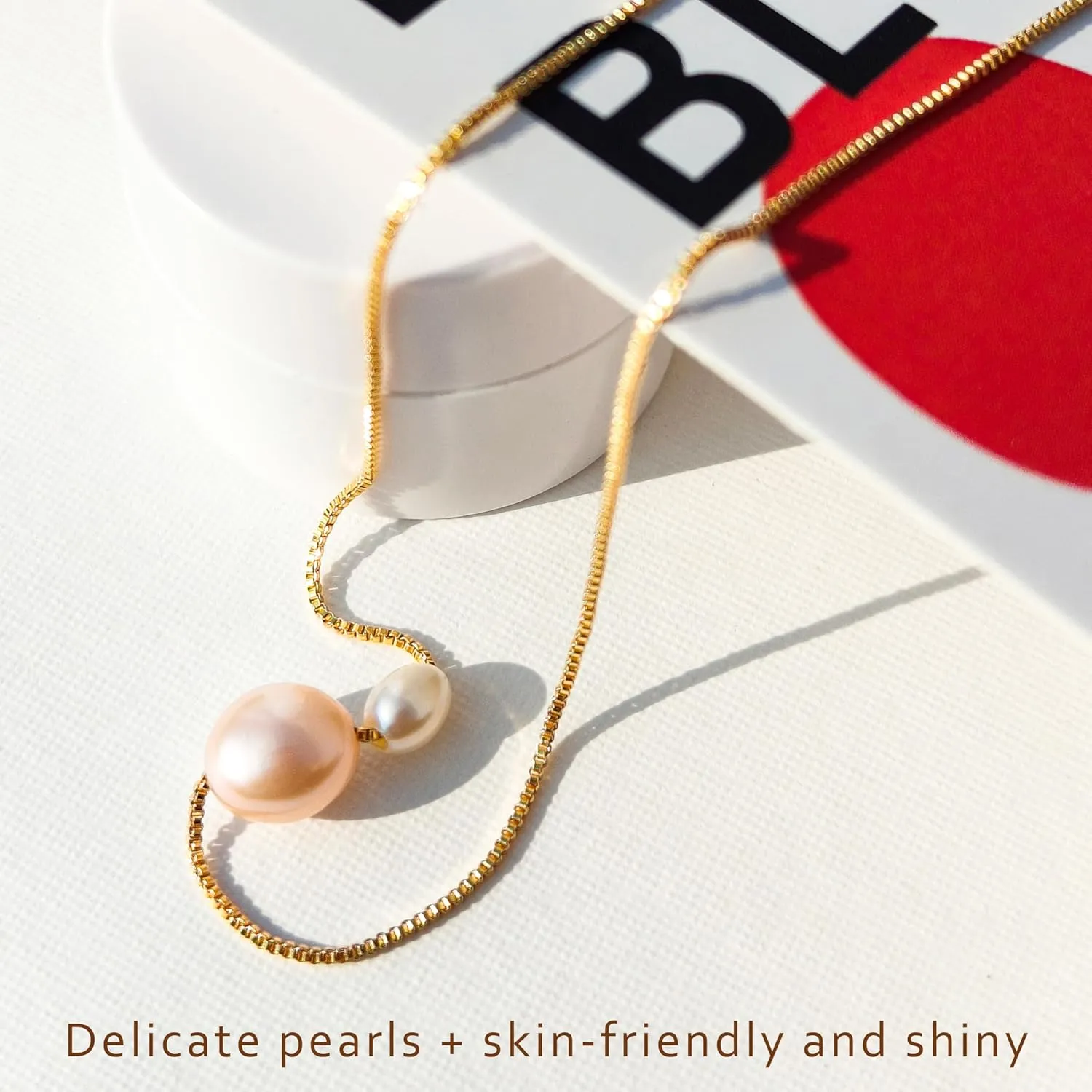PEARLIE Pearl Necklace Pendant for Women, Double Pearls Adjustable Choker Necklace Handpicked Freshwater Cultured Pearl Gold Chain Necklace Wedding Jewelry