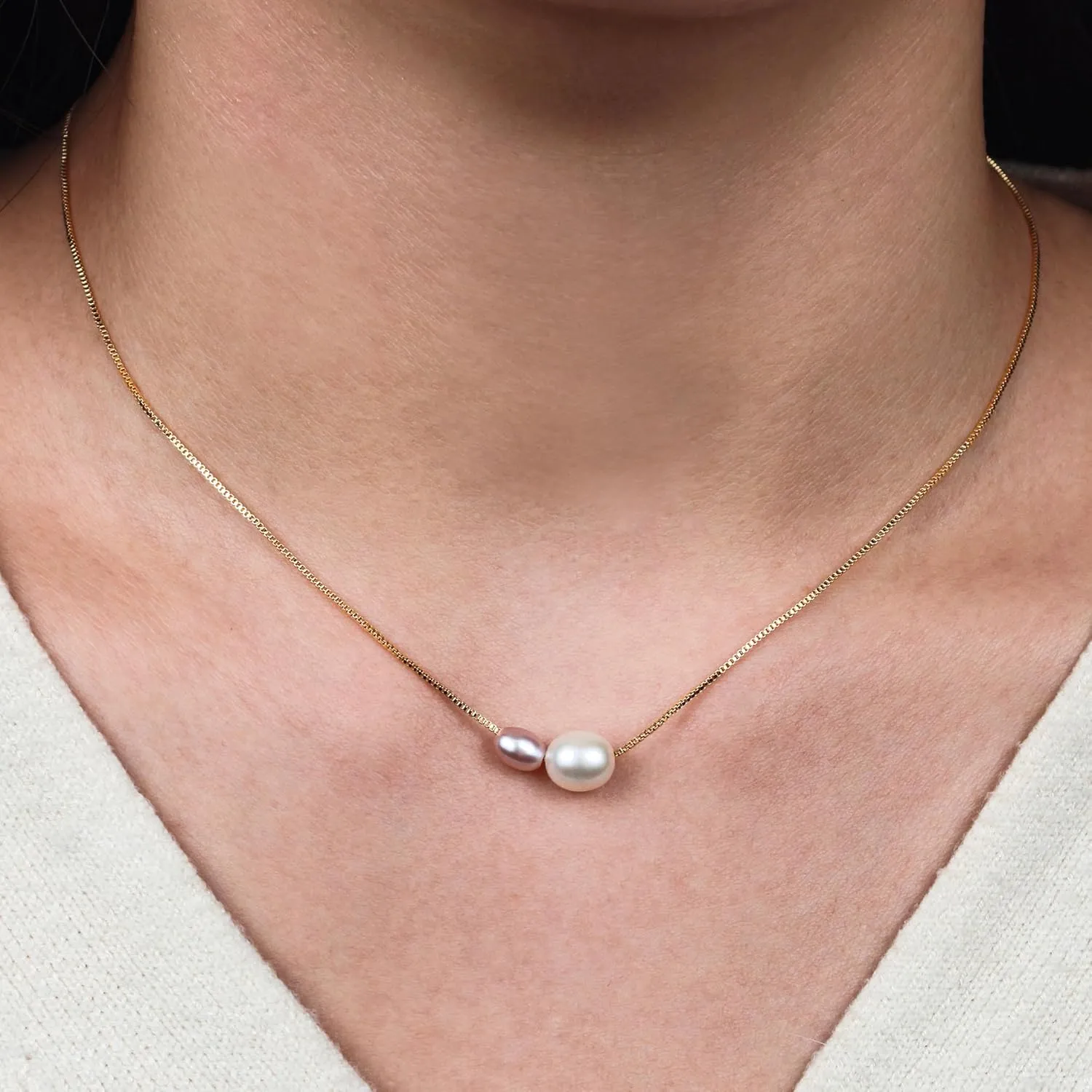 PEARLIE Pearl Necklace Pendant for Women, Double Pearls Adjustable Choker Necklace Handpicked Freshwater Cultured Pearl Gold Chain Necklace Wedding Jewelry
