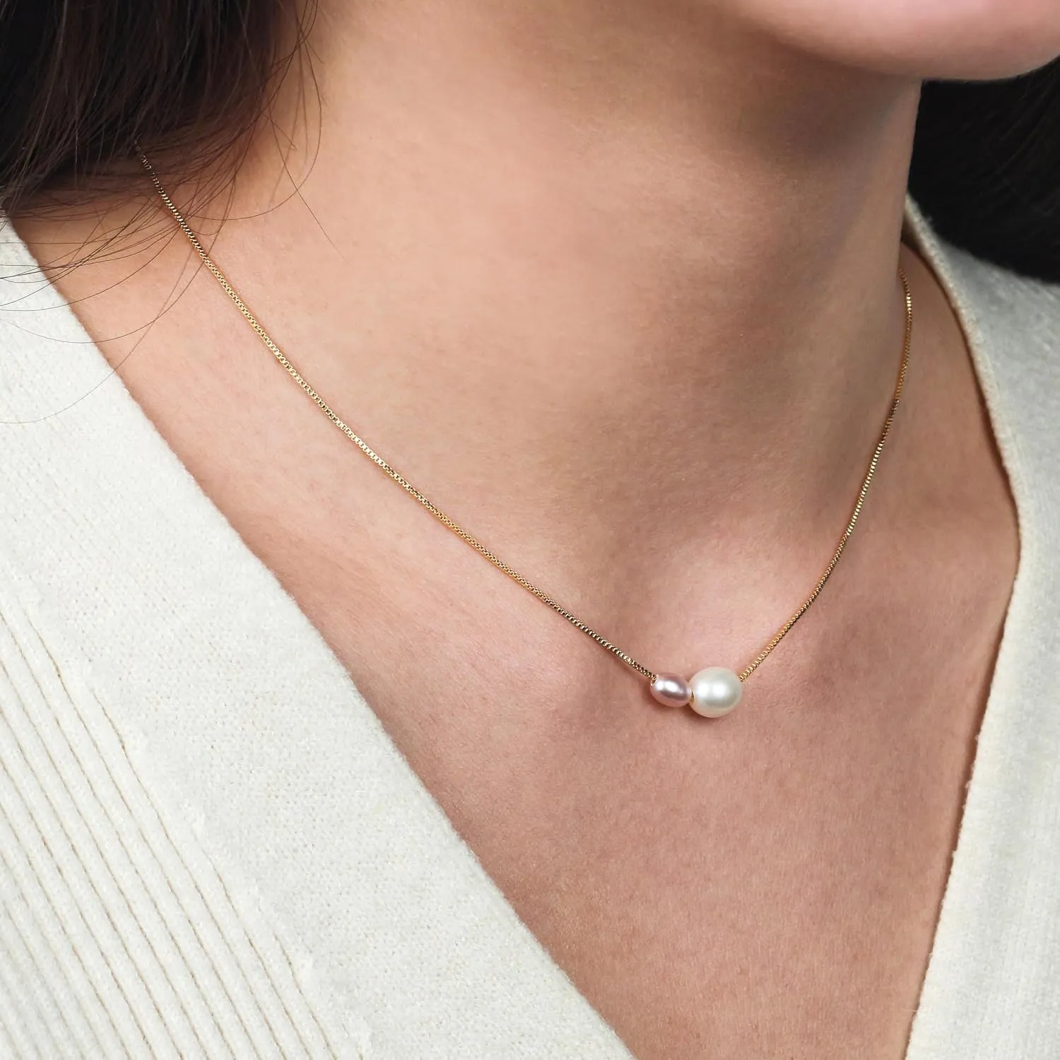 PEARLIE Pearl Necklace Pendant for Women, Double Pearls Adjustable Choker Necklace Handpicked Freshwater Cultured Pearl Gold Chain Necklace Wedding Jewelry