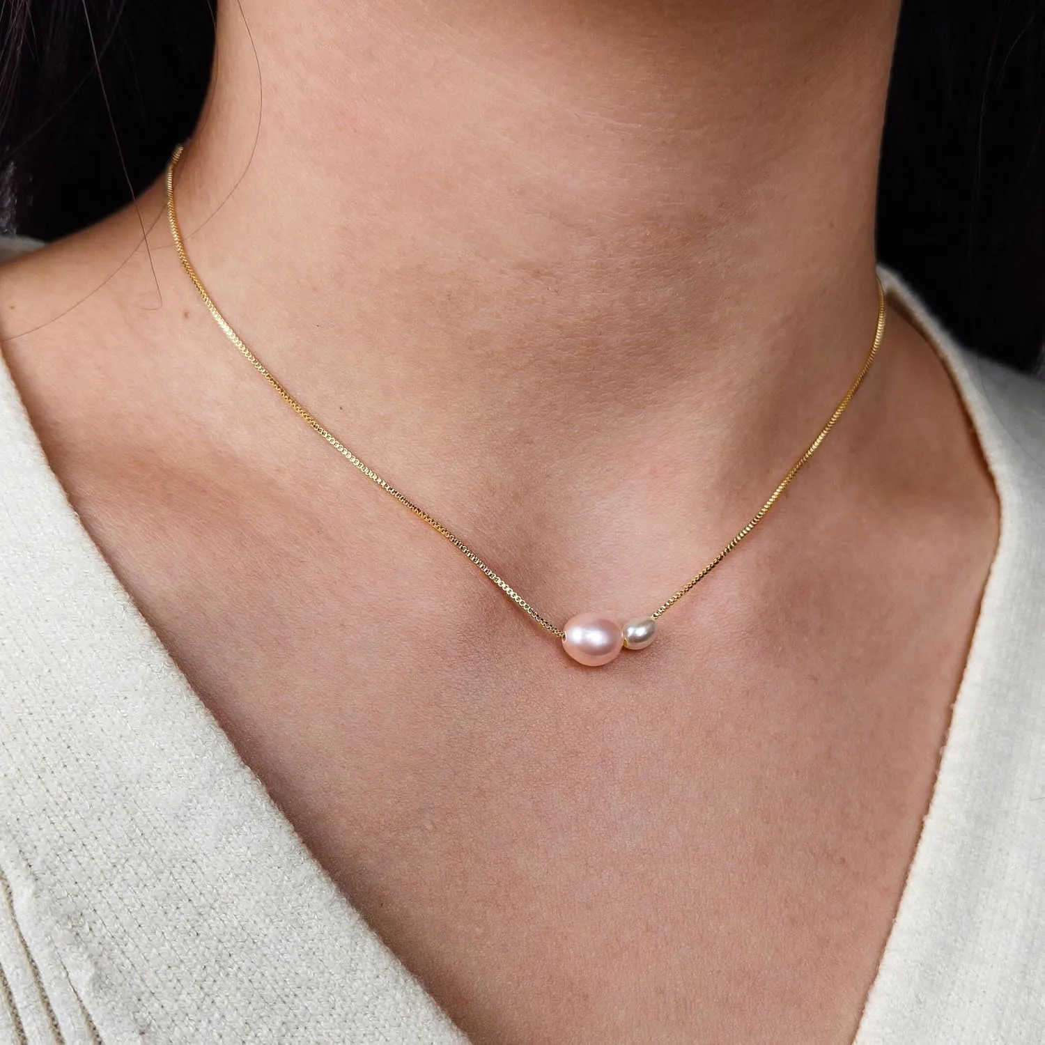 PEARLIE Pearl Necklace Pendant for Women, Double Pearls Adjustable Choker Necklace Handpicked Freshwater Cultured Pearl Gold Chain Necklace Wedding Jewelry