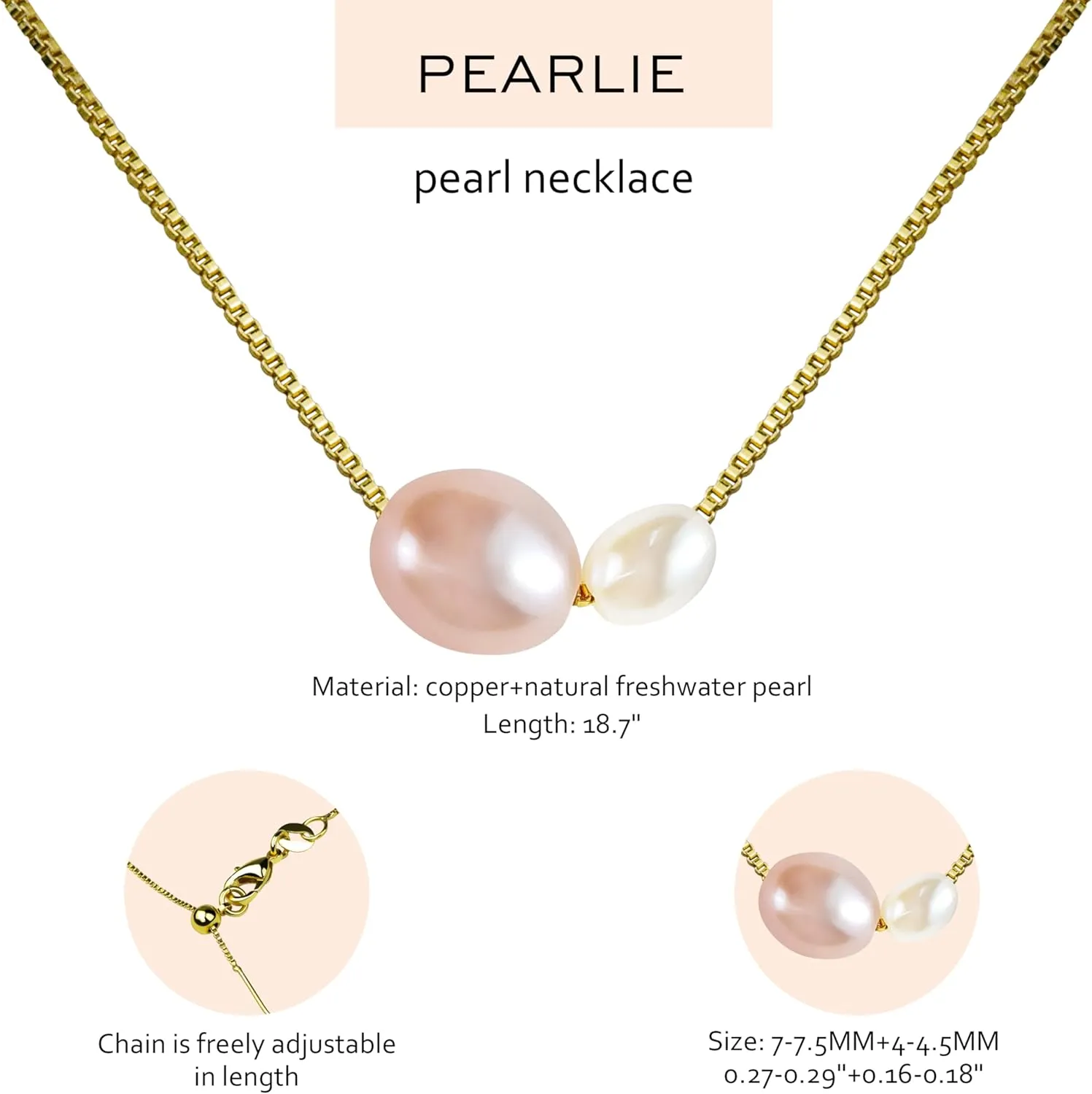 PEARLIE Pearl Necklace Pendant for Women, Double Pearls Adjustable Choker Necklace Handpicked Freshwater Cultured Pearl Gold Chain Necklace Wedding Jewelry
