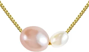 PEARLIE Pearl Necklace Pendant for Women, Double Pearls Adjustable Choker Necklace Handpicked Freshwater Cultured Pearl Gold Chain Necklace Wedding Jewelry