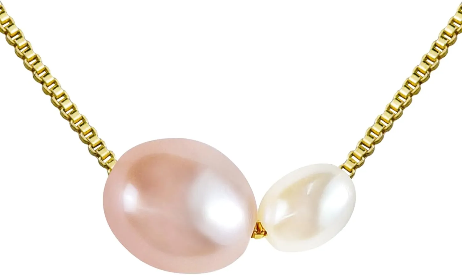 PEARLIE Pearl Necklace Pendant for Women, Double Pearls Adjustable Choker Necklace Handpicked Freshwater Cultured Pearl Gold Chain Necklace Wedding Jewelry