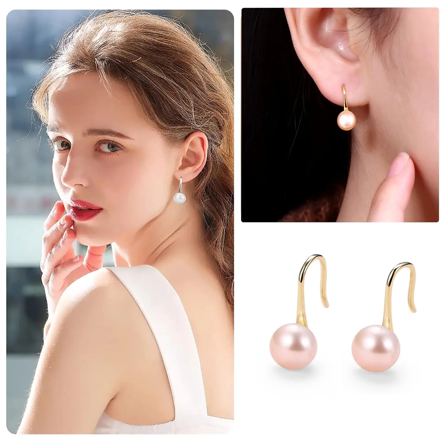 Pink Pearl Earrings For Women??Silver 925 Sterling Silver Freshwater Cultured Pearl Dangle Drop Earrings