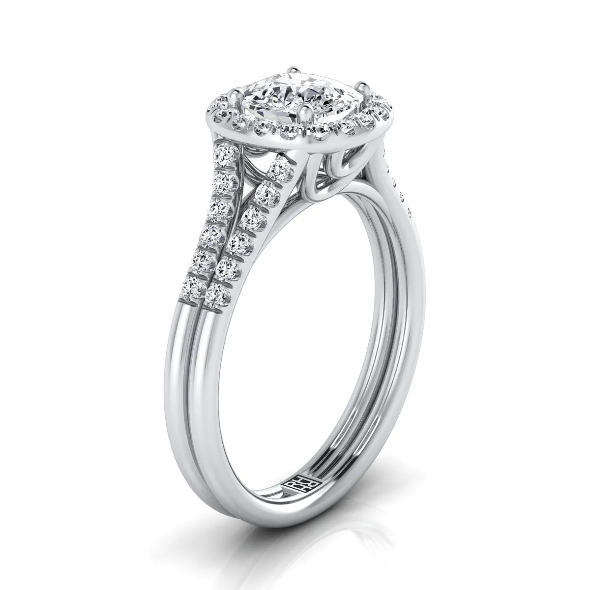Platinum Cushion French Pave Split Shank Halo Engagement Ring -3/8ctw