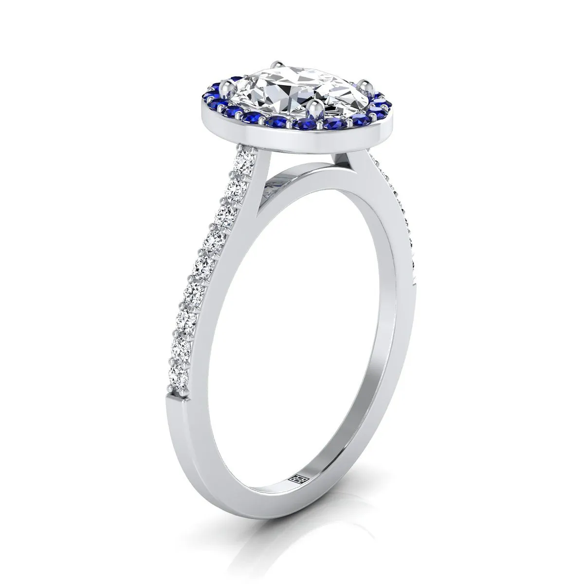 Platinum Oval Classic French Pave Blue Sapphire Halo and Linear Engagement Ring -1/6ctw