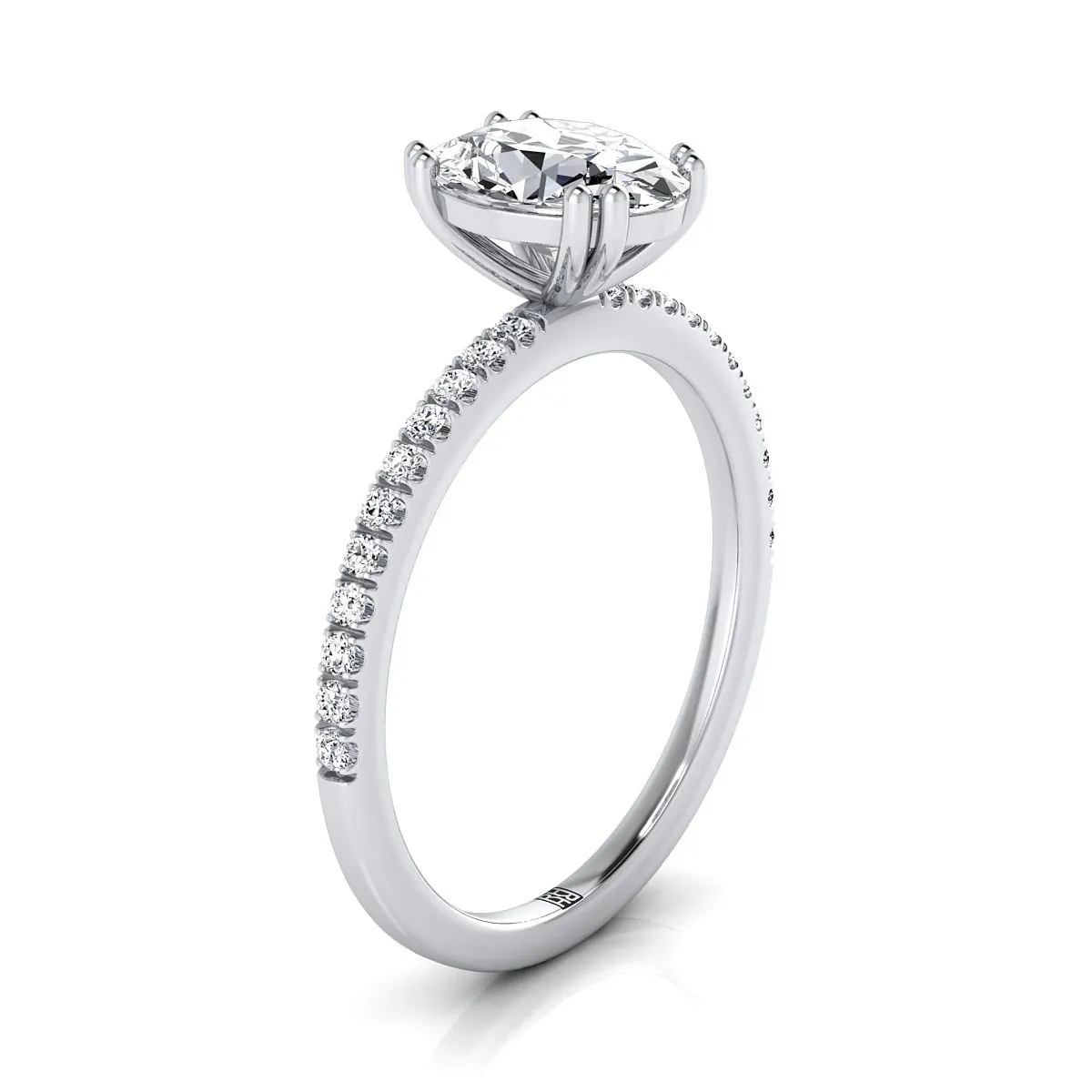 Platinum Oval Diamond Simple French Pave Double Claw Prong Engagement Ring -1/6ctw