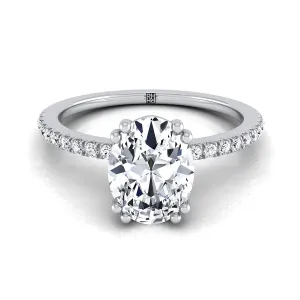 Platinum Oval Diamond Simple French Pave Double Claw Prong Engagement Ring -1/6ctw