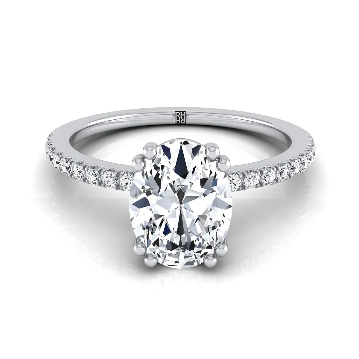 Platinum Oval Diamond Simple French Pave Double Claw Prong Engagement Ring -1/6ctw