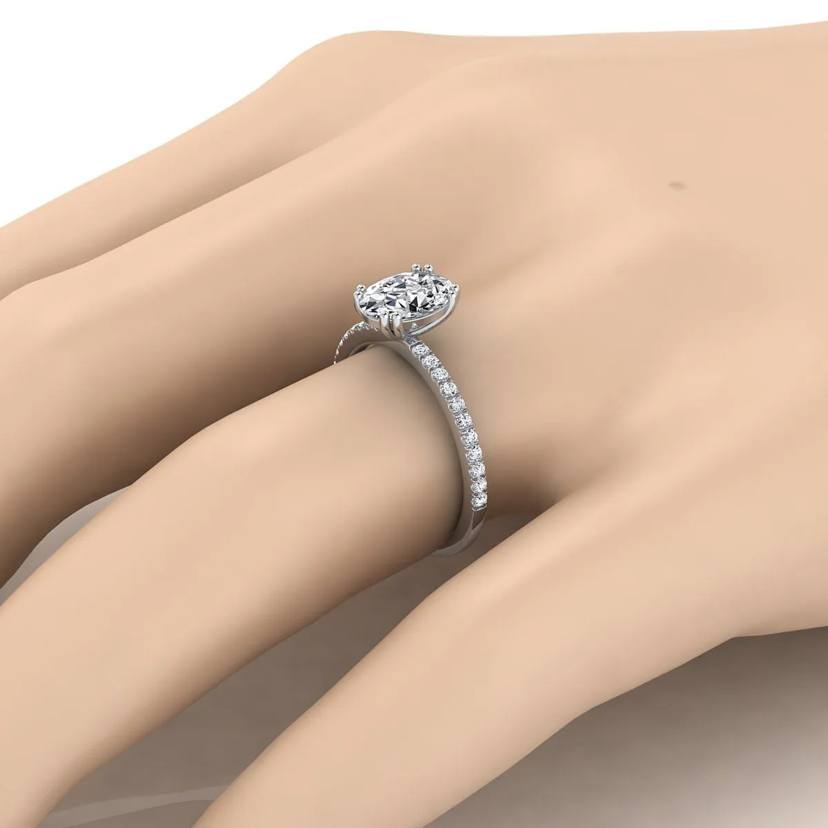 Platinum Oval Diamond Simple French Pave Double Claw Prong Engagement Ring -1/6ctw