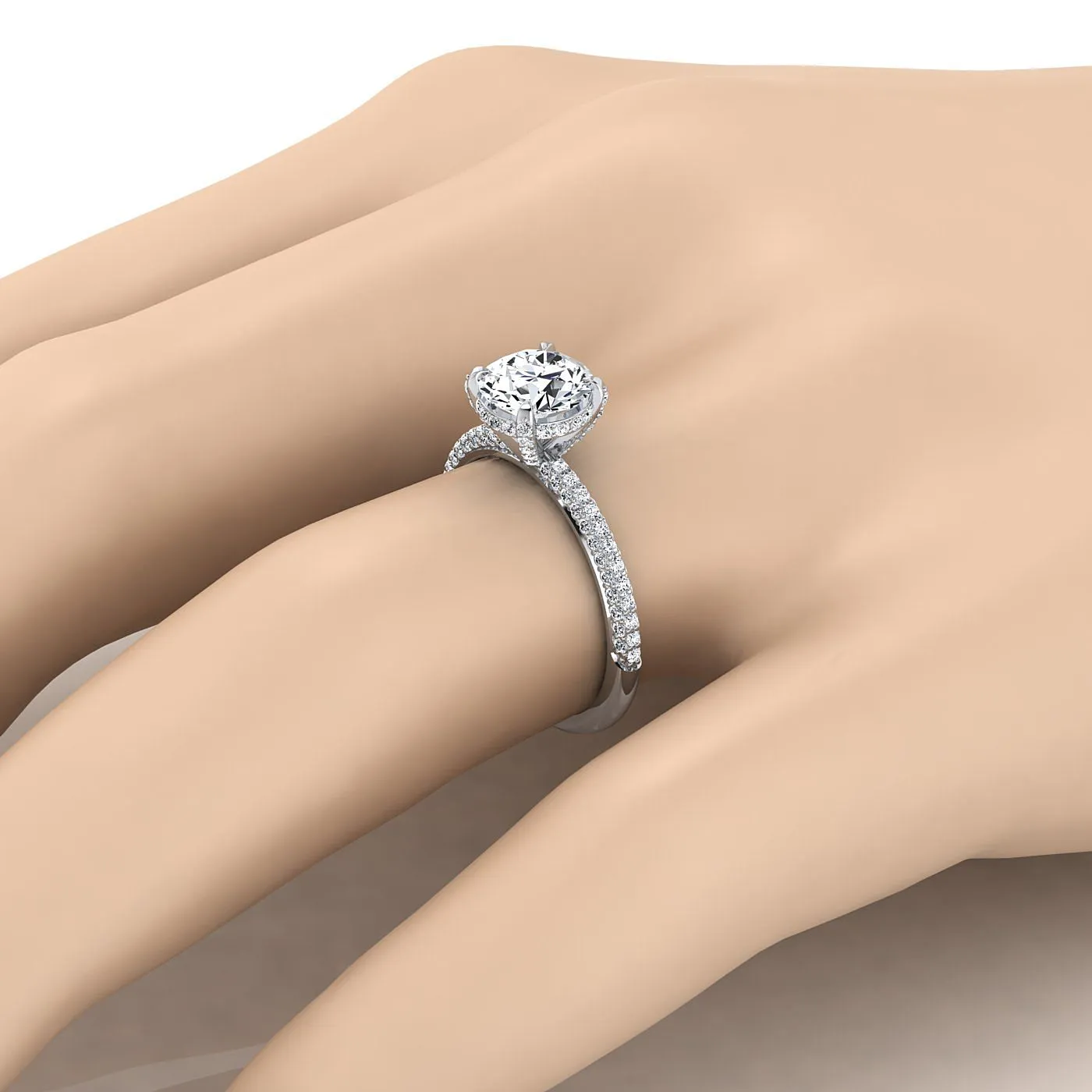Platinum Round Brilliant Diamond Encrusted Claws and Triple Pave Engagement Ring -1/2ctw