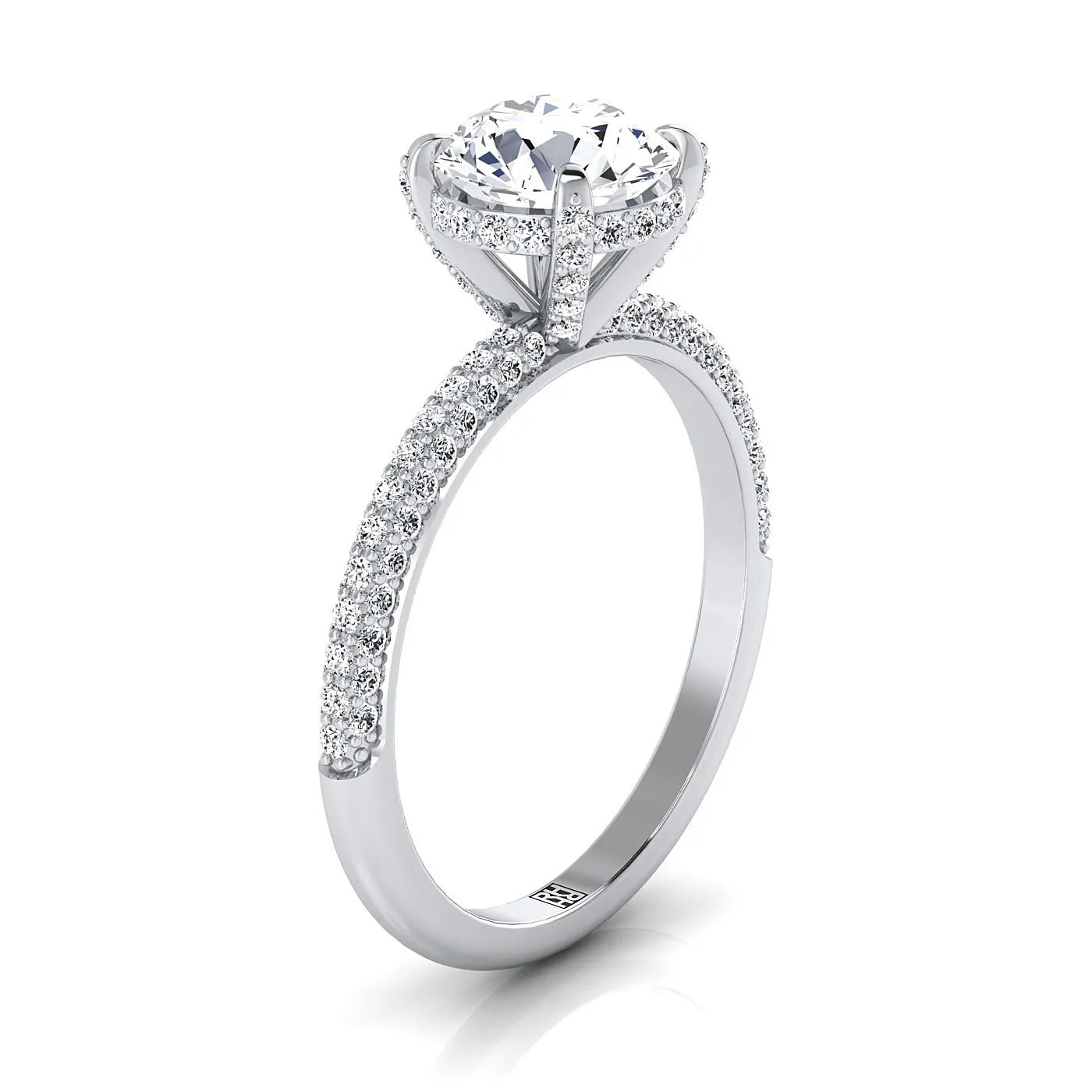 Platinum Round Brilliant Diamond Encrusted Claws and Triple Pave Engagement Ring -1/2ctw