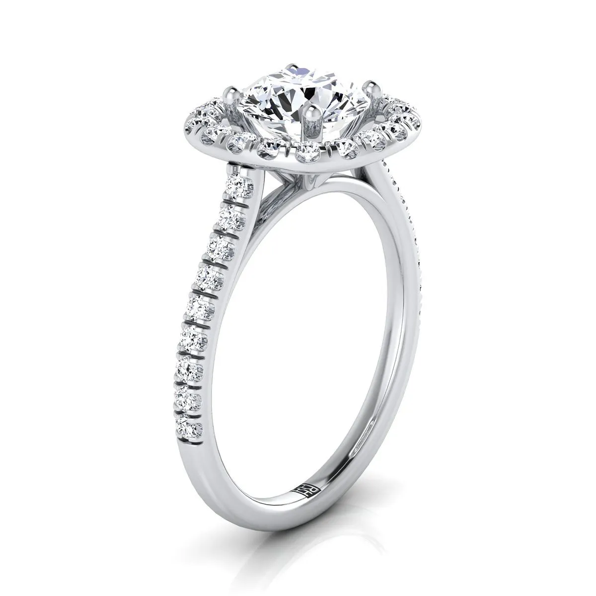 Platinum Round Brilliant Diamond Simple French Pave Halo Engagement Ring -1/2ctw