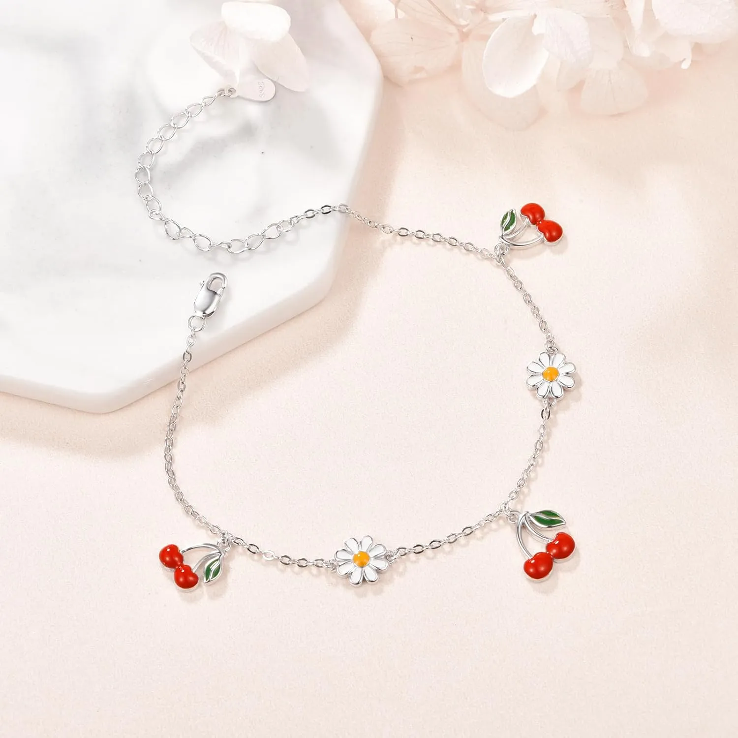 PRAYMOS Mushroom/Strawberry/Pomegranate Bracelets 925 Sterling Silver Bracelets for Women Fruit Bracelets Novelty Fun Jewelry Gifts