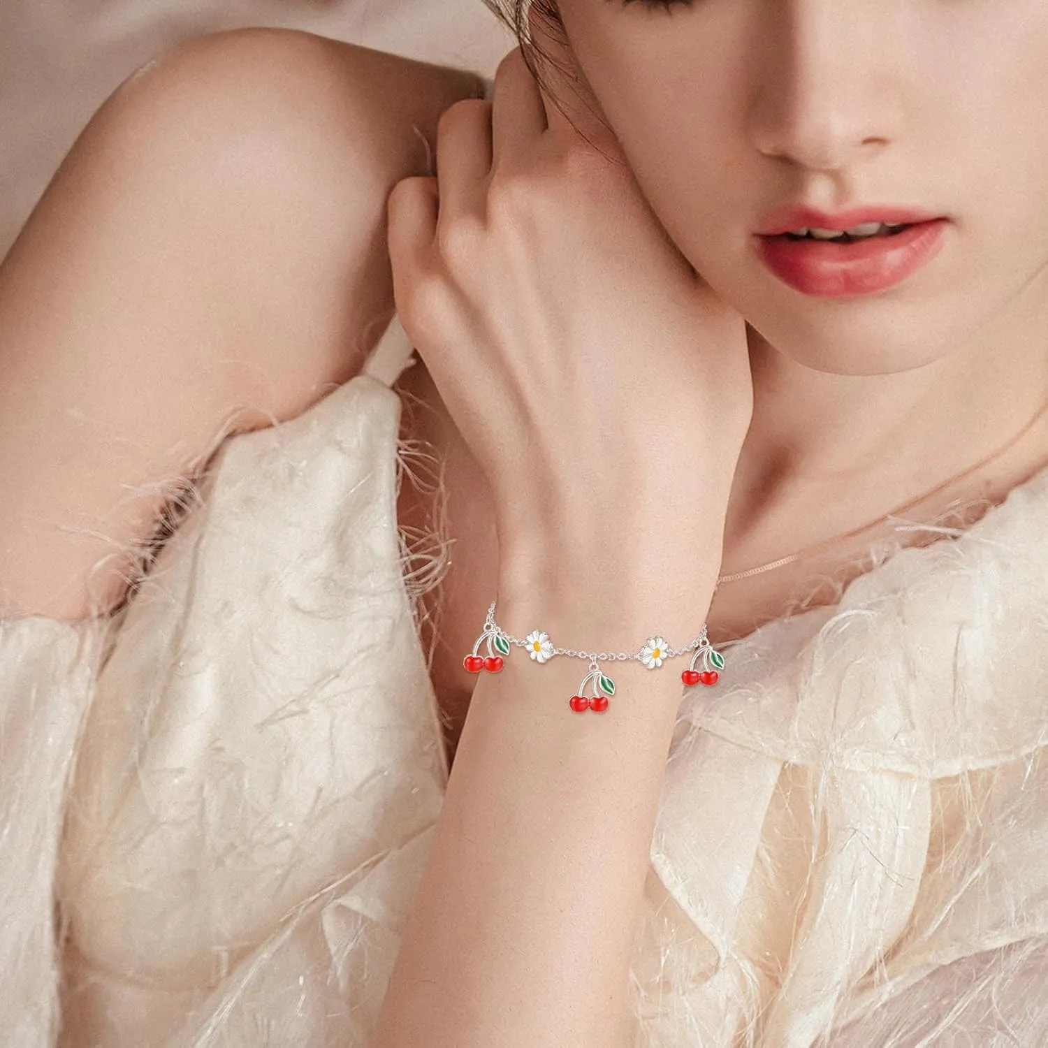 PRAYMOS Mushroom/Strawberry/Pomegranate Bracelets 925 Sterling Silver Bracelets for Women Fruit Bracelets Novelty Fun Jewelry Gifts