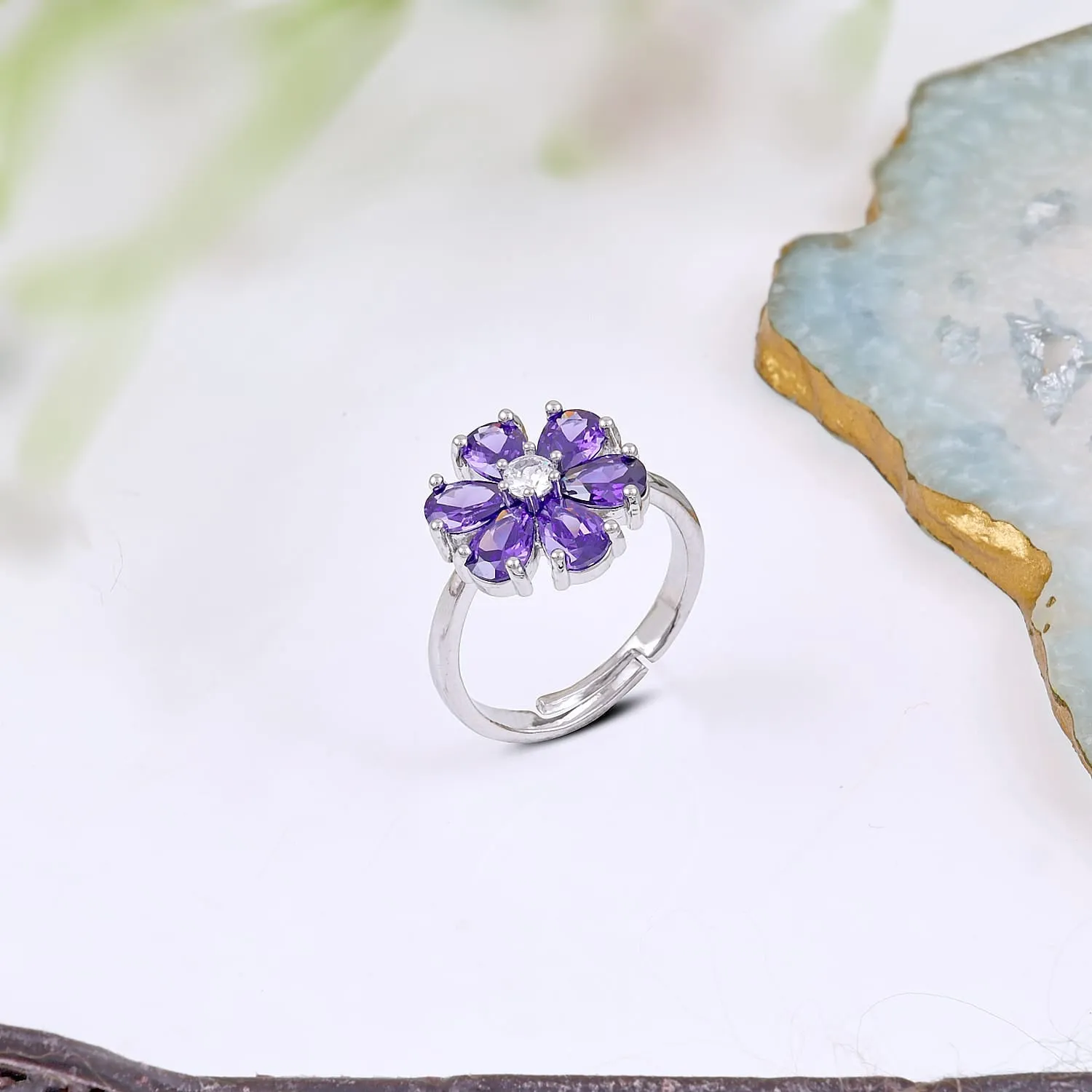 Pretty Purple Crystal Flower Ring