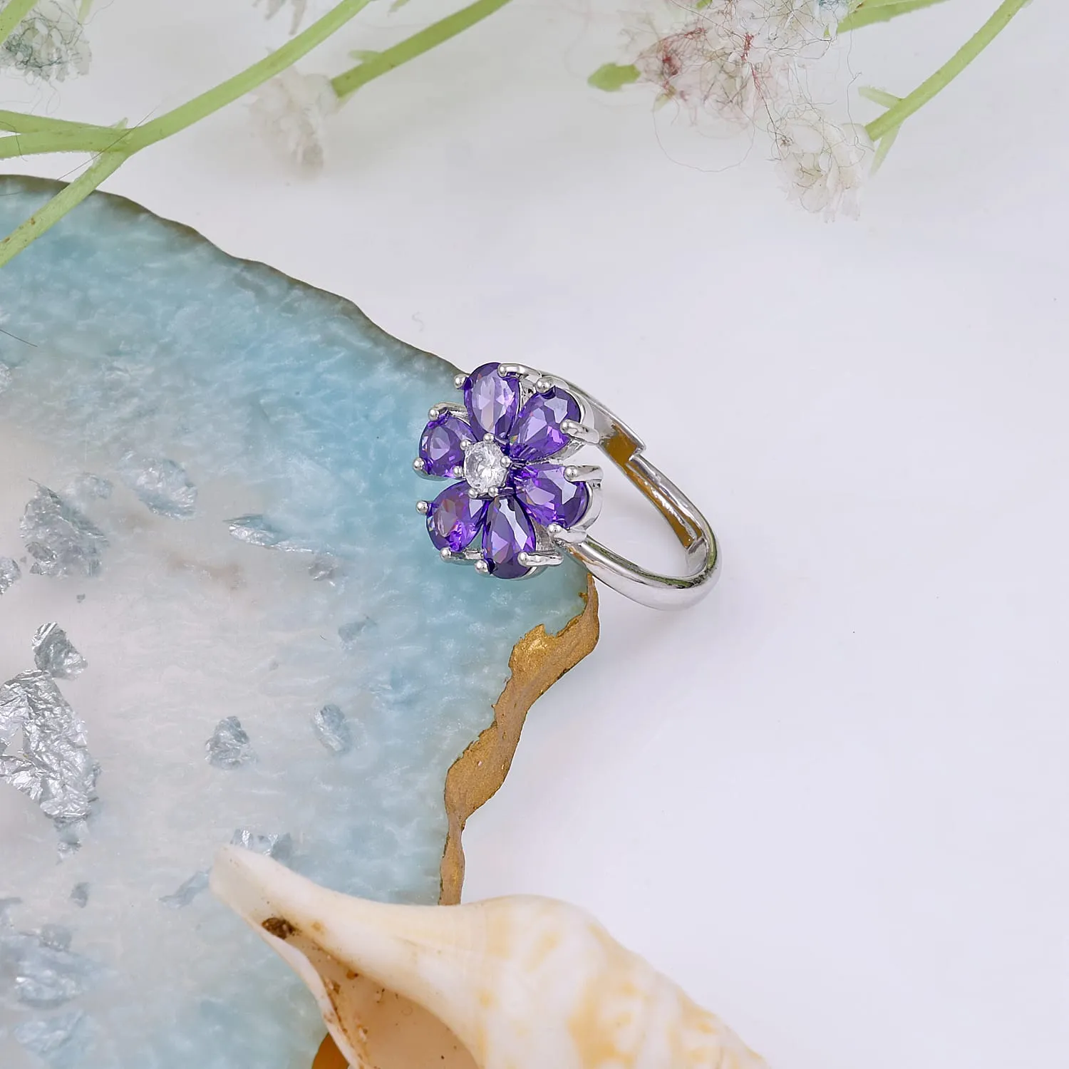 Pretty Purple Crystal Flower Ring