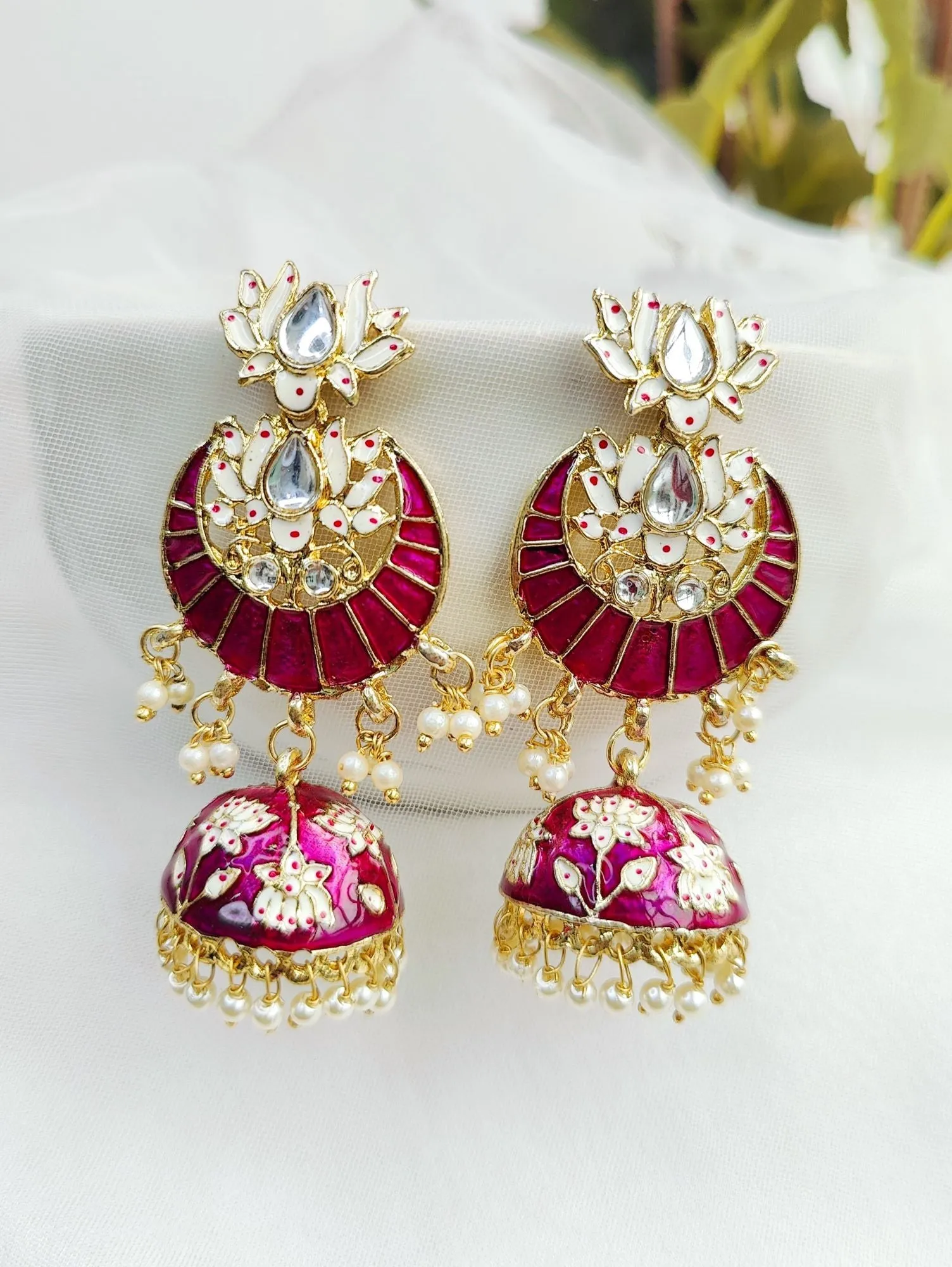 Purple Meenakari Lotus Jhumka Earrings for Women