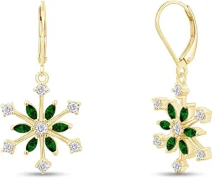 Real 925 Sterling Silver 14K Gold Plated Round Cut Emerald Birthstone Snowflake Drop Dangle Earrings Jewelry Christmas Gifts for Women
