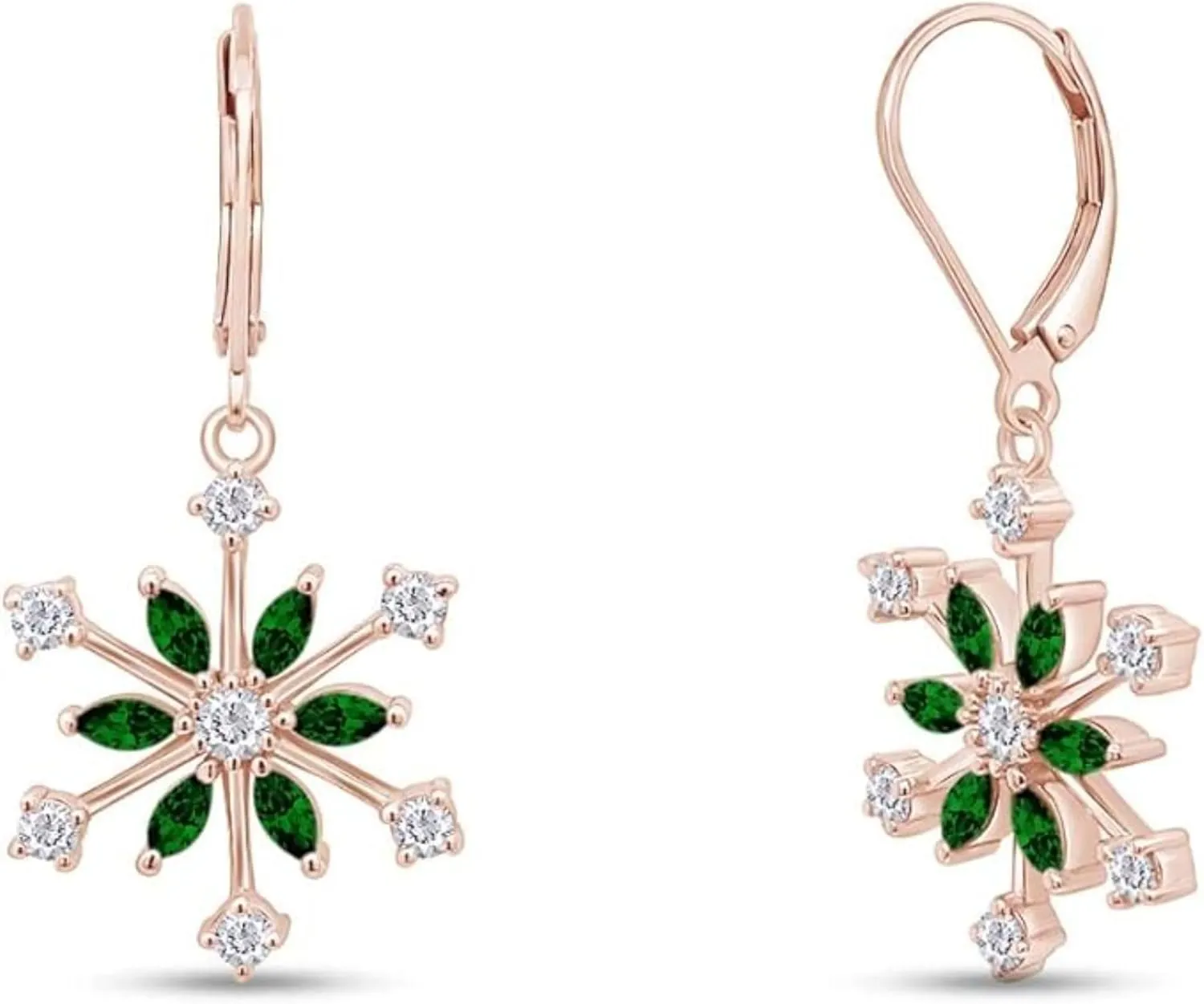 Real 925 Sterling Silver 14K Gold Plated Round Cut Emerald Birthstone Snowflake Drop Dangle Earrings Jewelry Christmas Gifts for Women