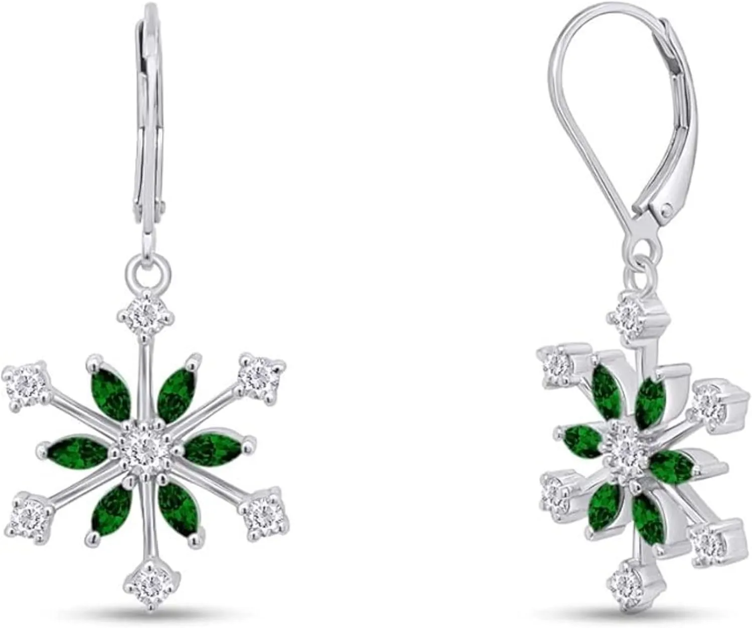 Real 925 Sterling Silver 14K Gold Plated Round Cut Emerald Birthstone Snowflake Drop Dangle Earrings Jewelry Christmas Gifts for Women