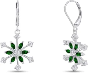 Real 925 Sterling Silver 14K Gold Plated Round Cut Emerald Birthstone Snowflake Drop Dangle Earrings Jewelry Christmas Gifts for Women