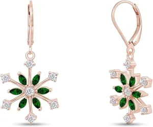 Real 925 Sterling Silver 14K Gold Plated Round Cut Emerald Birthstone Snowflake Drop Dangle Earrings Jewelry Christmas Gifts for Women
