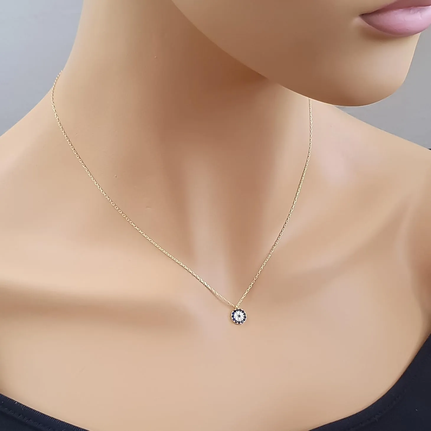Real Gold Evil Eye Necklace, 10k 14k 18k Solid Gold Evil Eye Charm Necklace, Dainty Evil Eye Gold Pendant, Minimalist Evil Eye Necklace (18, 10k Yellow Gold (Type2 Chain))