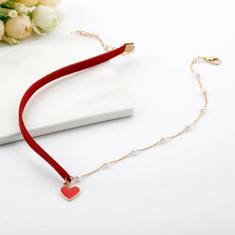 Red Black Heart Bead Choker Necklace