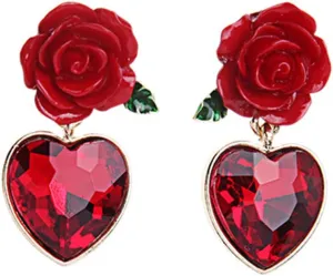 Red Rose Flower Stud Earrings, Vintage Simulated Ruby Heart Stud Earrings Gothic Red Rose Dangle Drop Earrings Cute Earrings for Women