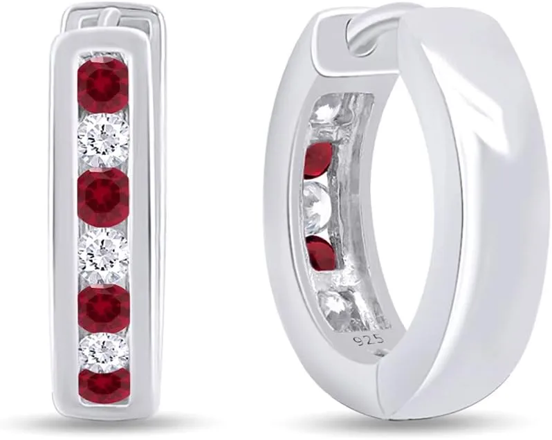 Red Simulated Ruby & White Cubic Zirconia Huggie Earrings In 14K Gold Over Sterling Silver