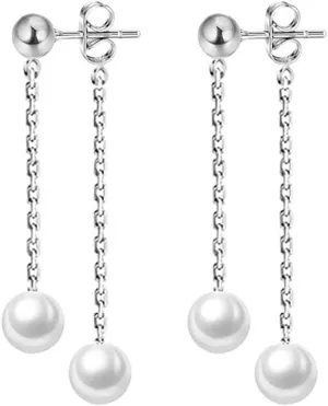 Reffeer Solid 925 Sterling Silver Pearl Dangle Earrings Chain Drop for Women Teens Pearl Chain Dangle Earrings Tassel