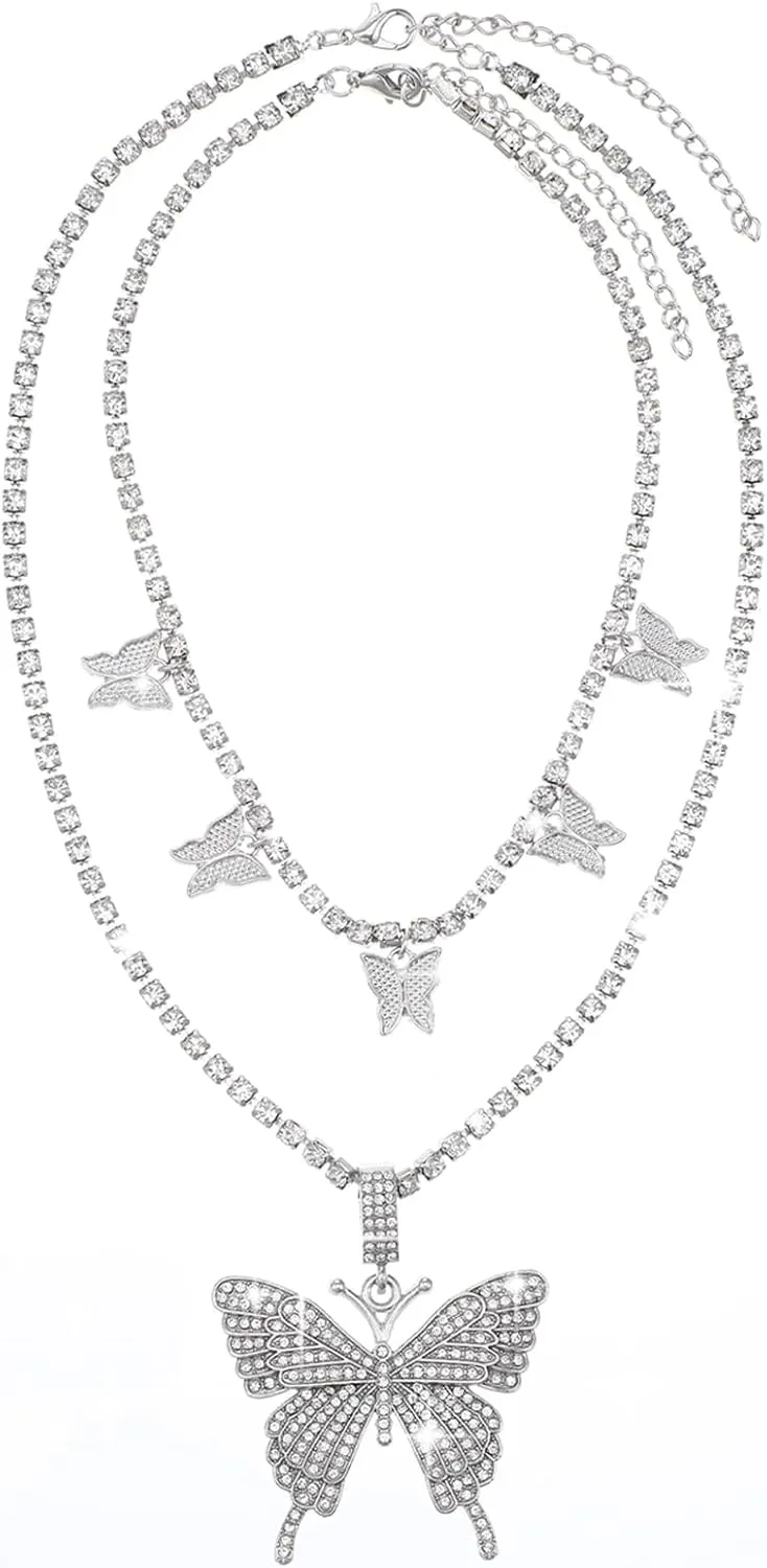 Rhinestone Butterfly Necklace Silver Butterfly Pendant Necklace Bling Big Sparkly Necklaces Choker Crystal Neck Jewelry for Women Chain Sparkly Tennis Crystal Prom Necklaces
