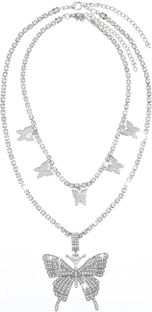 Rhinestone Butterfly Necklace Silver Butterfly Pendant Necklace Bling Big Sparkly Necklaces Choker Crystal Neck Jewelry for Women Chain Sparkly Tennis Crystal Prom Necklaces