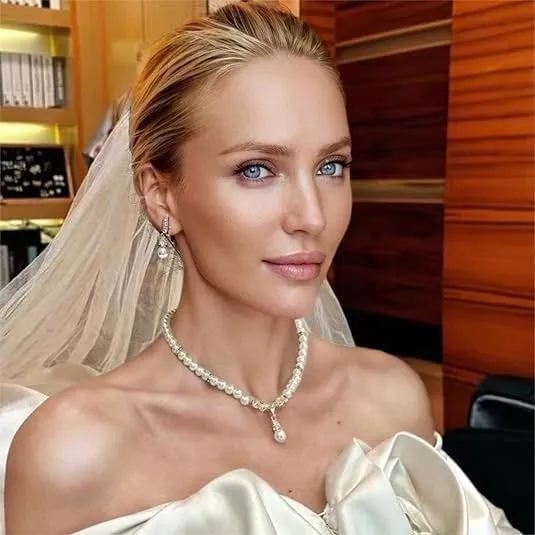 Rhinestone Multi Strands Pearl Necklace Earring Set 3 Layered Choker Necklace for Women White Pearl Wedding Prom Party Jewelry