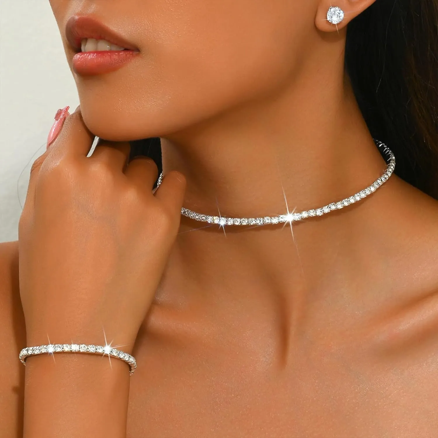 Rhinestone Tennis Necklaces Silver Choker Necklace for Women Bling Collar Necklace for Woman Statement Round Prom Jewelry