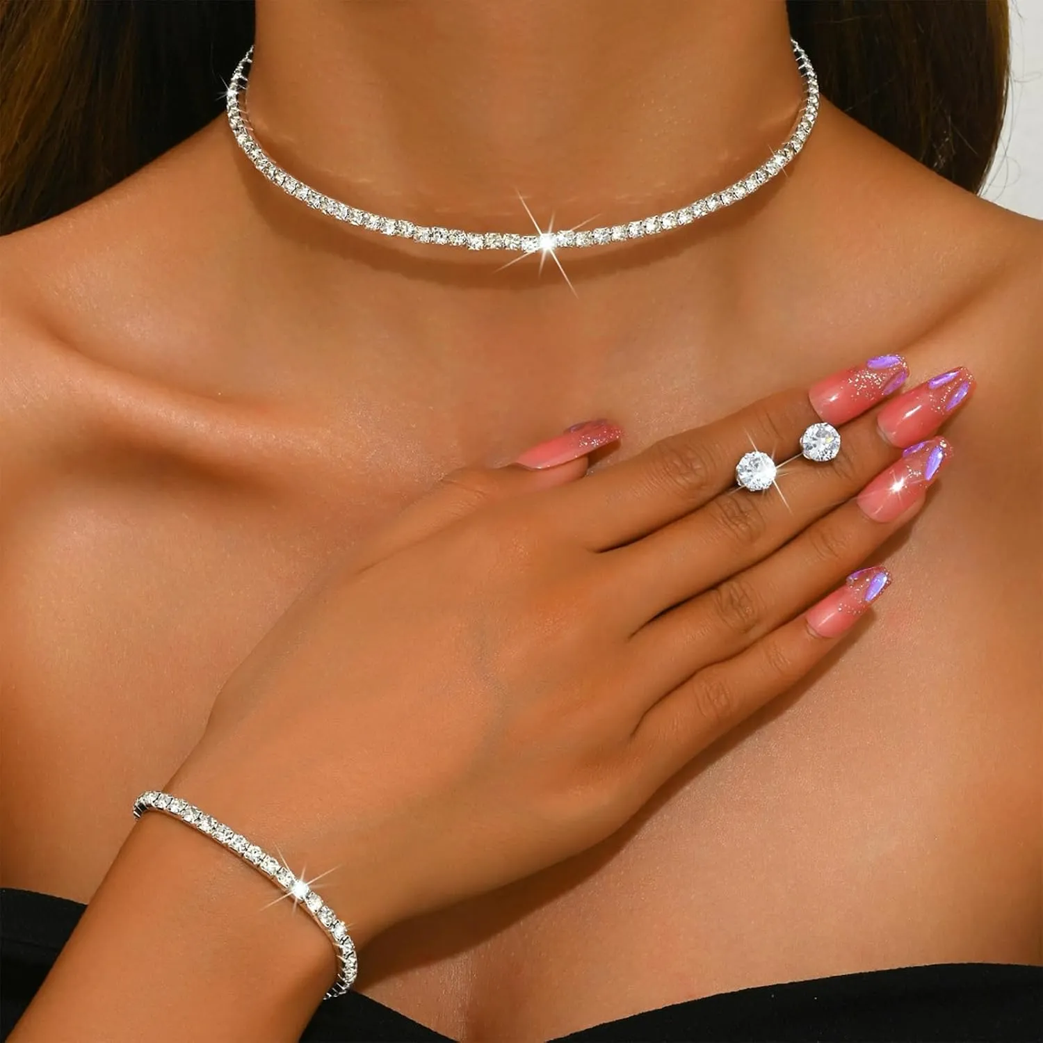 Rhinestone Tennis Necklaces Silver Choker Necklace for Women Bling Collar Necklace for Woman Statement Round Prom Jewelry
