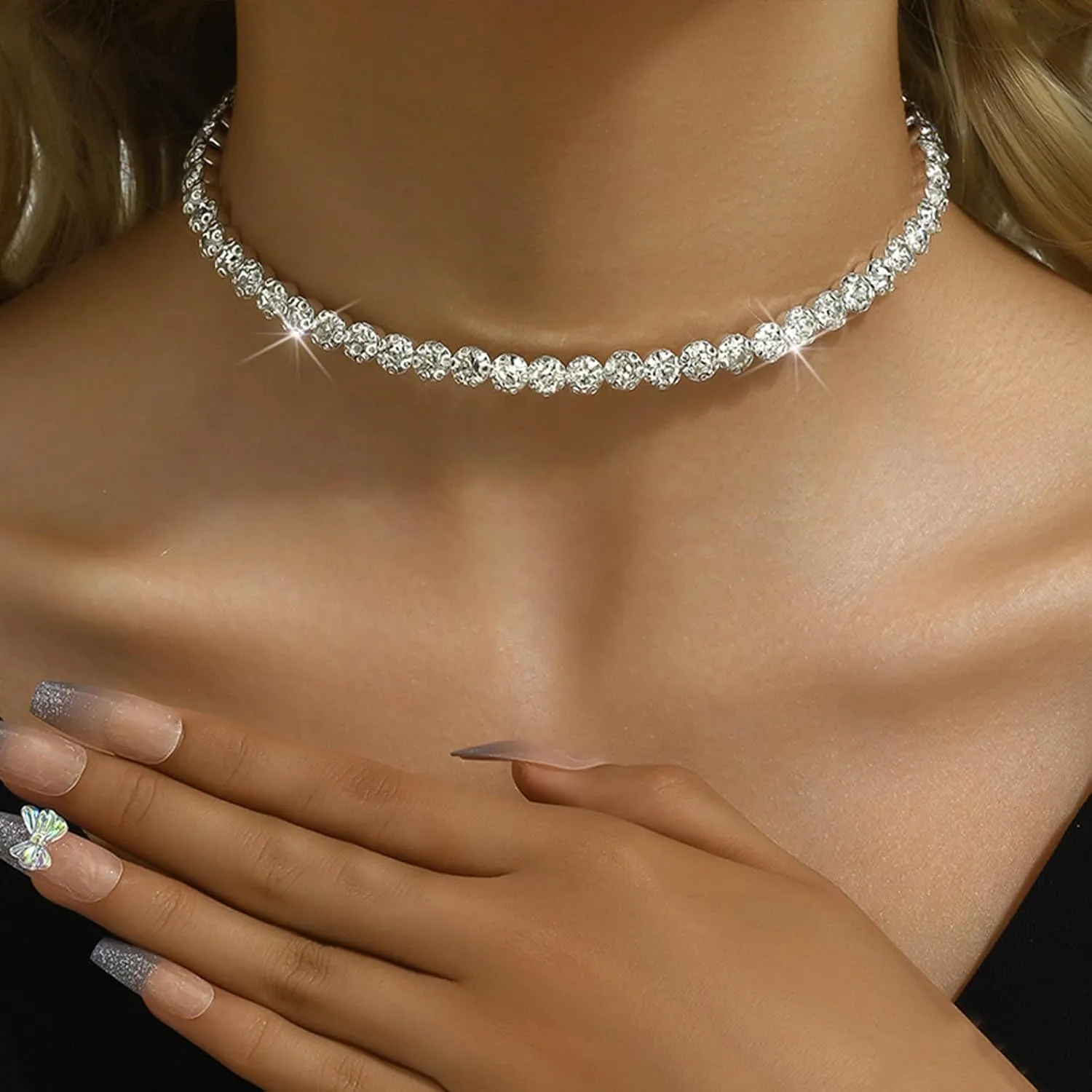 Rhinestone Tennis Necklaces Silver Choker Necklace for Women Bling Collar Necklace for Woman Statement Round Prom Jewelry