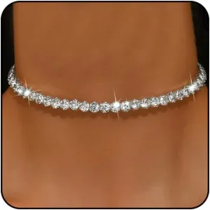 Rhinestone Tennis Necklaces Silver Choker Necklace for Women Bling Collar Necklace for Woman Statement Round Prom Jewelry