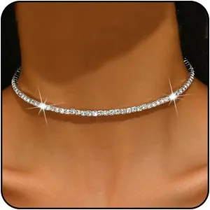 Rhinestone Tennis Necklaces Silver Choker Necklace for Women Bling Collar Necklace for Woman Statement Round Prom Jewelry