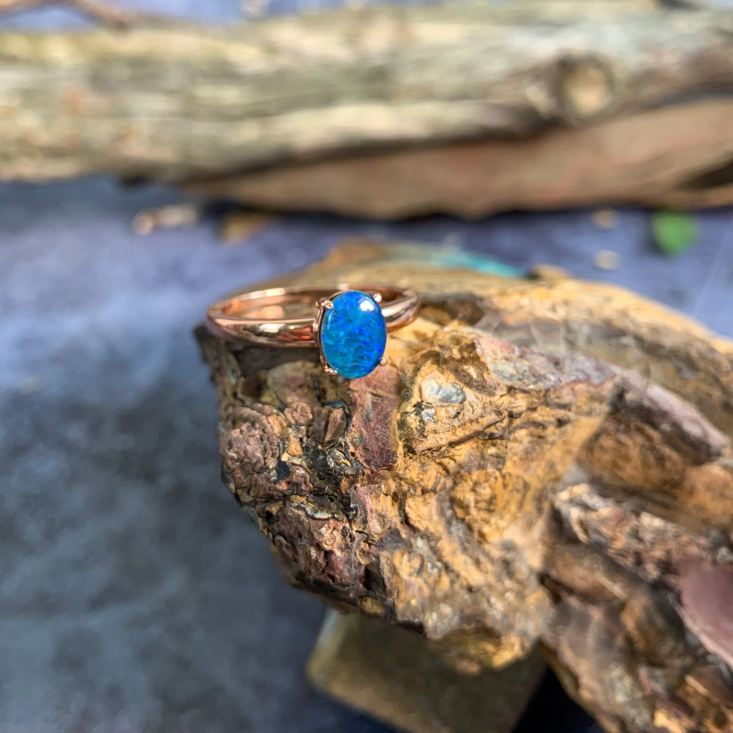Rose Gold plated silver solitaire 8x6mm Opal triplet ring