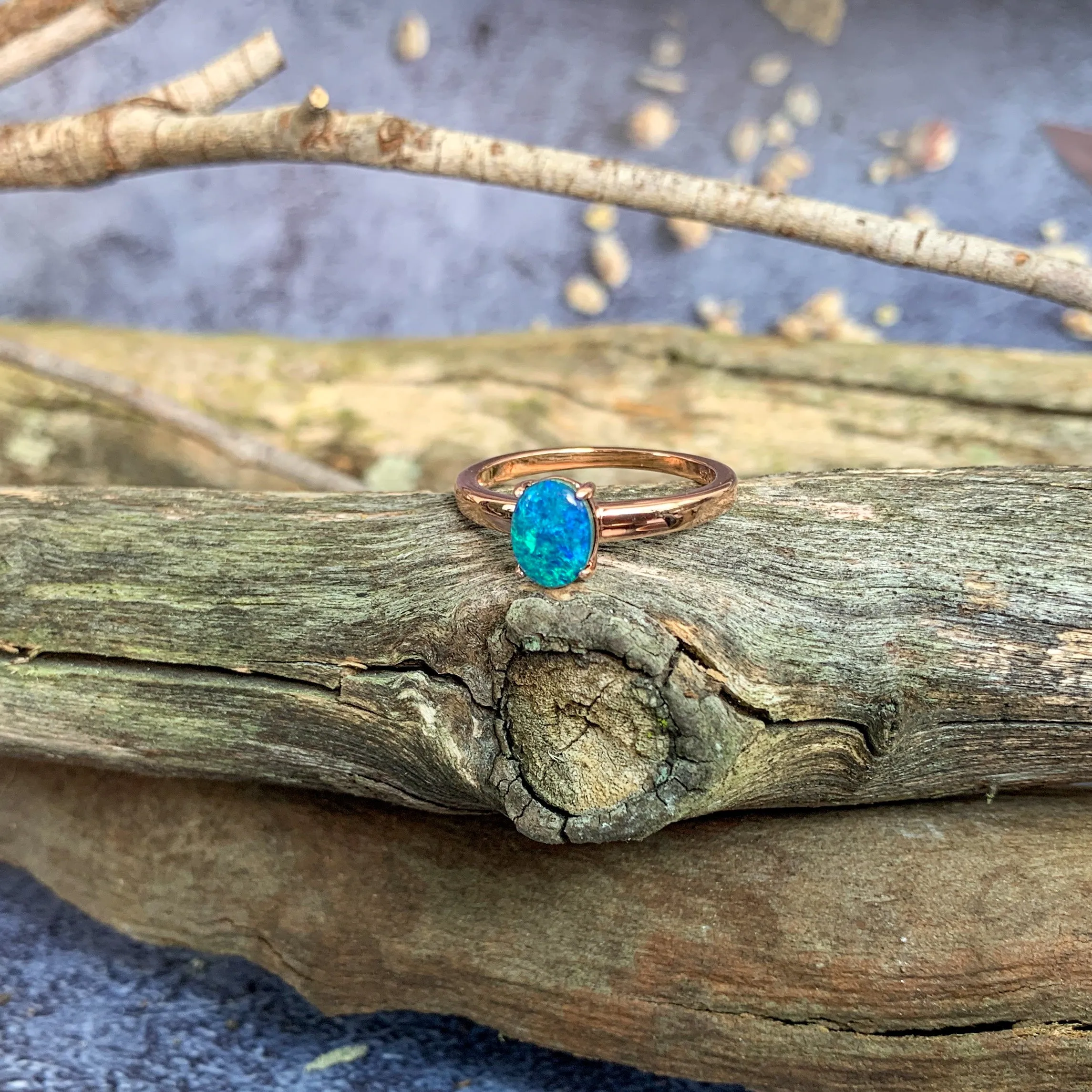 Rose Gold plated silver solitaire 8x6mm Opal triplet ring