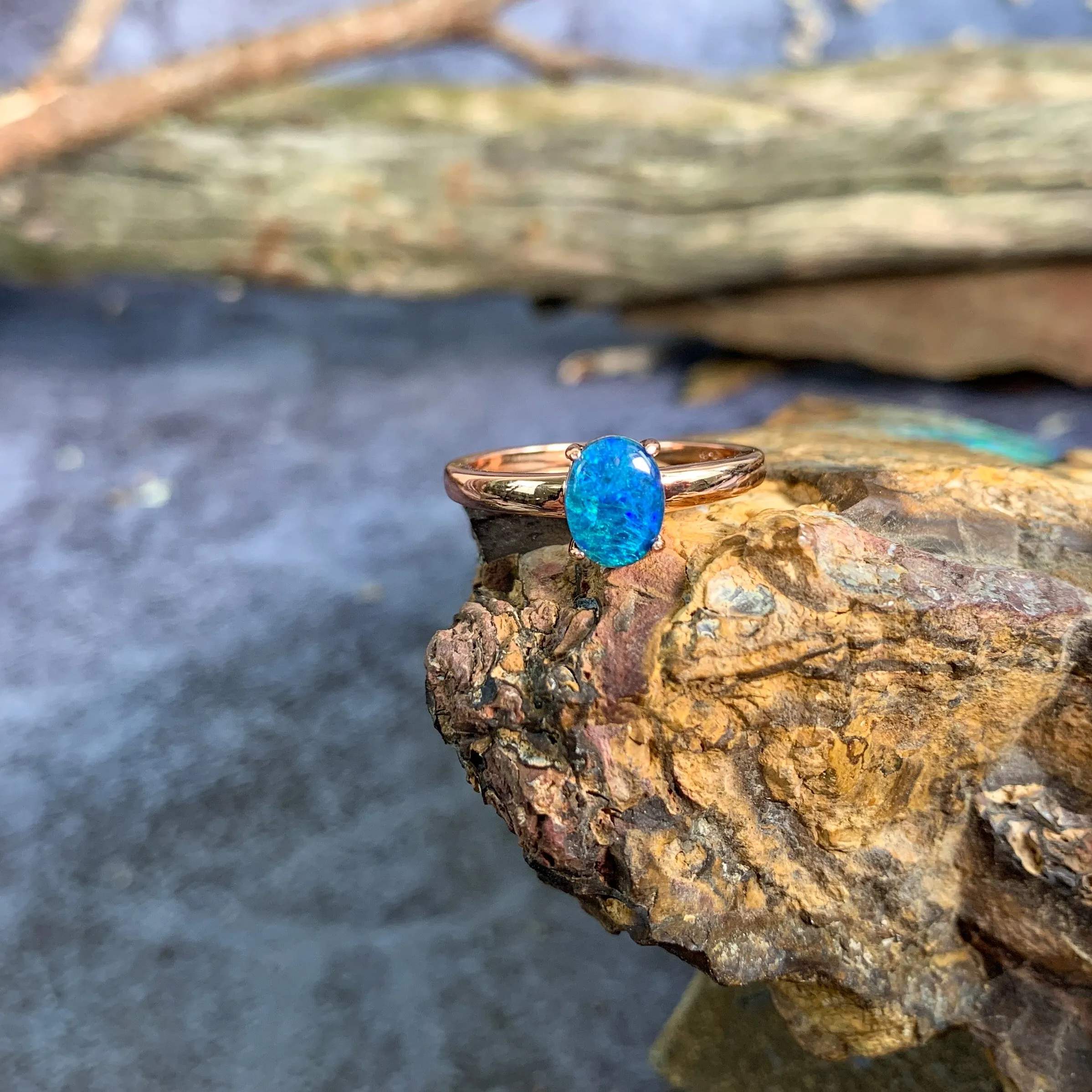 Rose Gold plated silver solitaire 8x6mm Opal triplet ring