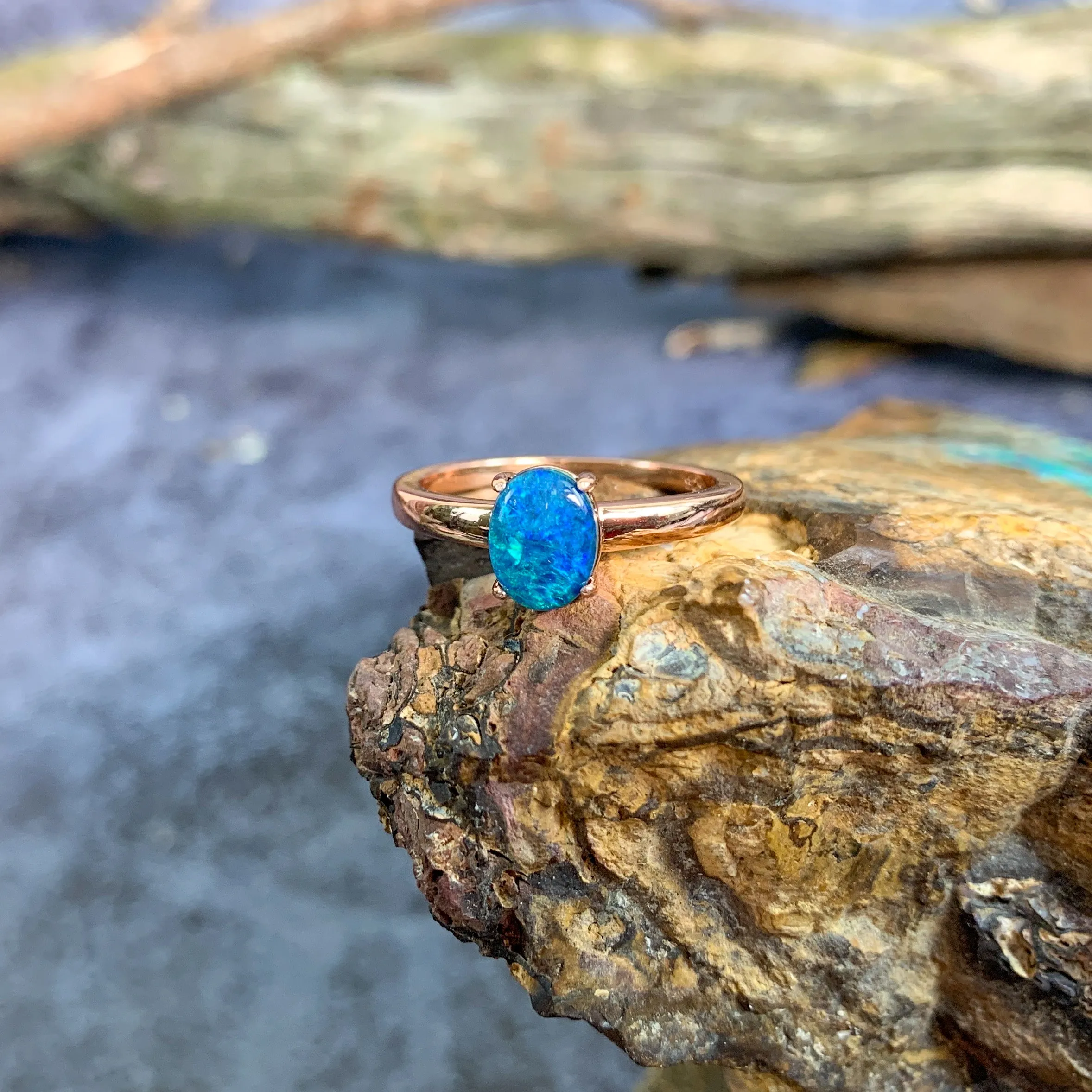 Rose Gold plated silver solitaire 8x6mm Opal triplet ring